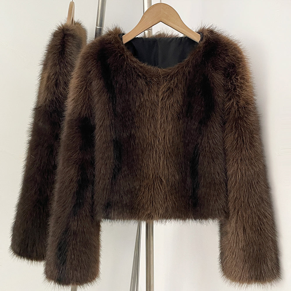 Front view of coffee brown collarless faux fur jacket with fluffy texture