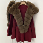 OFTBUY Fashion Belt Warm Sweater Female Natural Fur Loose Cadigan Coat Women Medium Length Knit Jacket with Real Fox Fur Collar