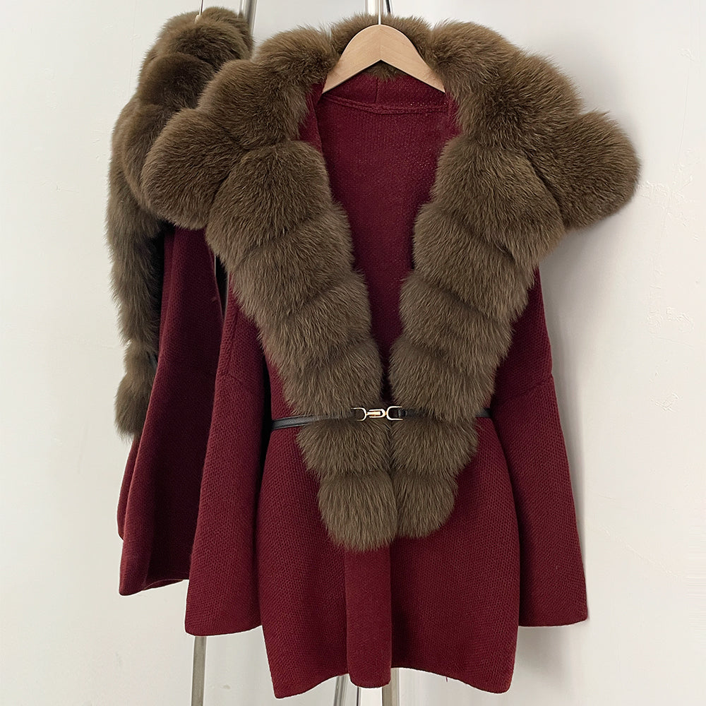 OFTBUY Fashion Belt Warm Sweater Female Natural Fur Loose Cadigan Coat Women Medium Length Knit Jacket with Real Fox Fur Collar