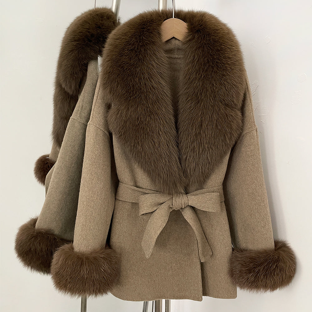 OFTBUY New Women's Double-Faced Wool Coat with Large Real Fox Fur Collar Cuffs Belted Warm Winter Elegant Fashion Outerwear Lady