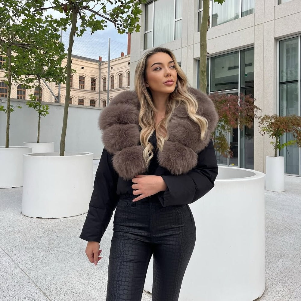OFTBUY Luxury Cropped Puffer Jacket with Massive Real Fox Fur Collar - Premium 90% Duck Down Winter Coat