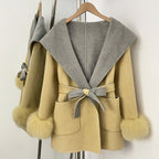 OFTBUY Belted Bow Pockets Winter Elegant Outerwear Jacket Female New Women's Wool Coat with Contrast Hood Real Fox Fur Cuffs