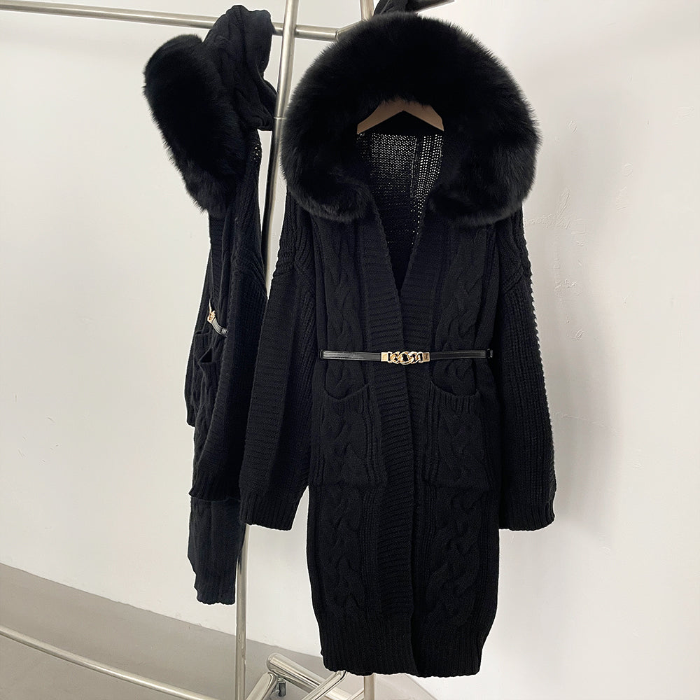 OFTBUY New Autumn Winter Knitted Clothes Women Fashion Thick Warm Belt Sweater Coat Female Hooded Real Fox Fur Cardigan Jacket