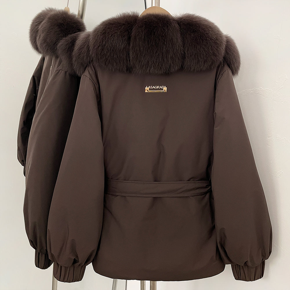 OFTBUY Winter Warm Women Real duck Down Jackets Natural Real Fox Fur Collar Puffer Jackets Belt Female Outwear Coats Hot Sale