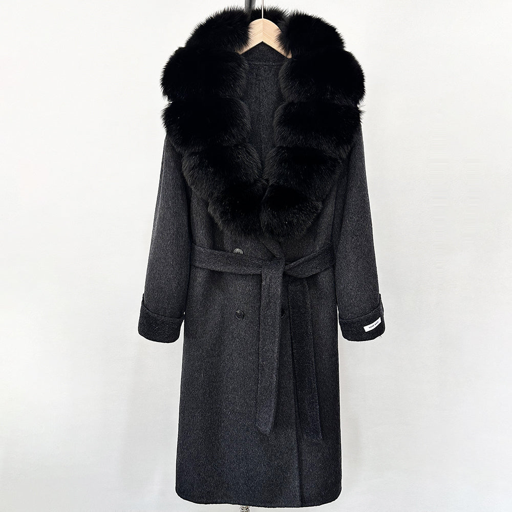 OFTBUY Winter Jacket Women Woolen Blends Coat Natural Real Fox Fur Collar Belt Loose Outerwear Casual Outerwear Streetwear