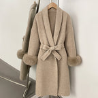 OFTBUY New Women's Double-Faced Wool Coat with Real Fox Fur Cuffs Belted Warm Winter Elegant Fashion Outerwear Wool Jacket Lady