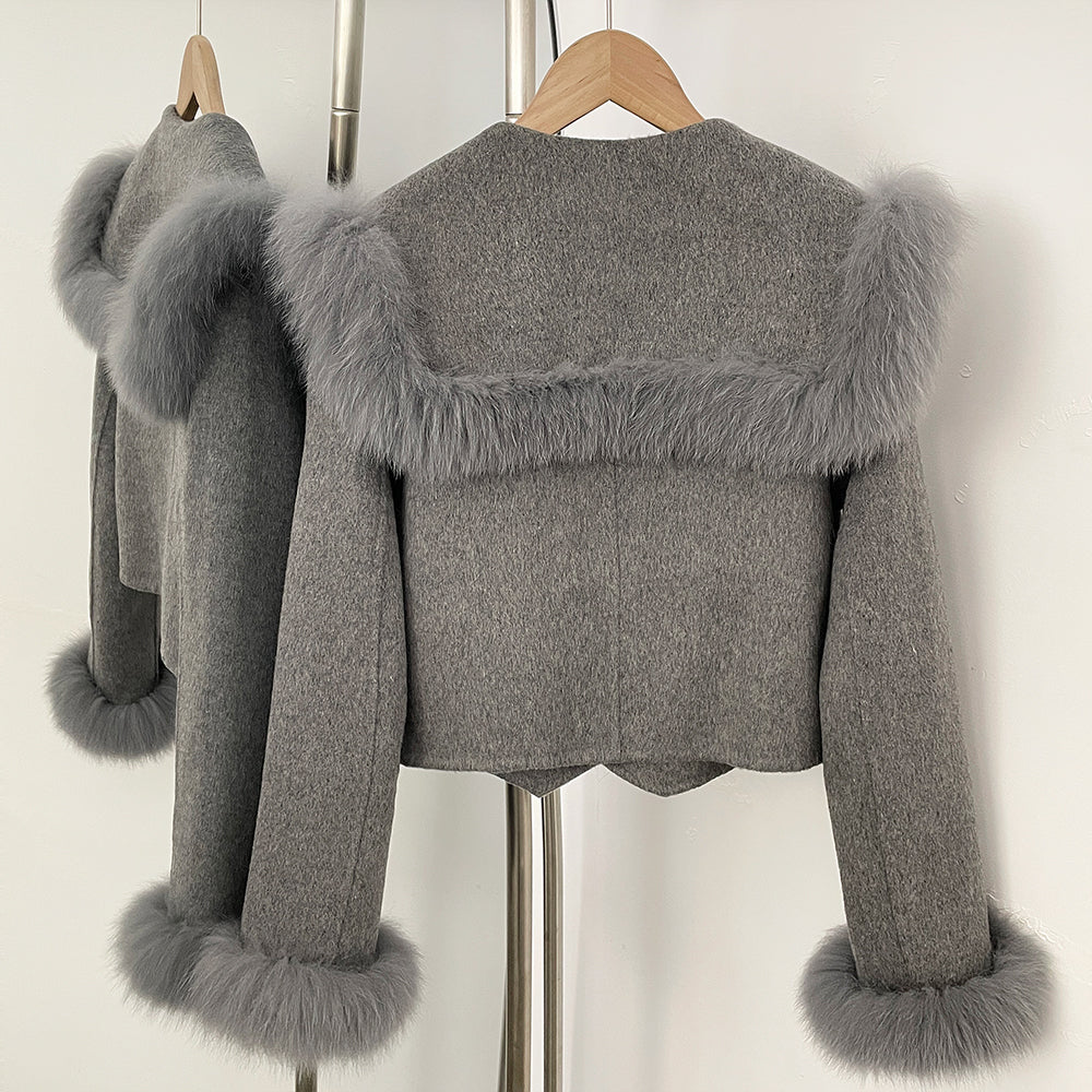 OFTBUY Double Buttons Pockets Warm Winter Elegant Outerwear New Women's Wool Cropped Jacket with Large Real Fox Fur Collar Cuffs