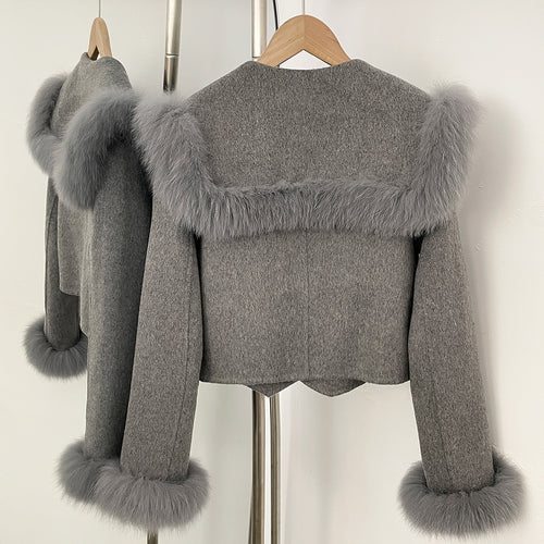 OFTBUY Double Buttons Pockets Warm Winter Elegant Outerwear New Women's Wool Cropped Jacket with Large Real Fox Fur Collar Cuffs