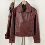 OFTBUY New Women's Clothes Faux Leather Jacket Lapel Collar Button Coat Female Elastic Hem Streetwear Fashion Casual Outerwear