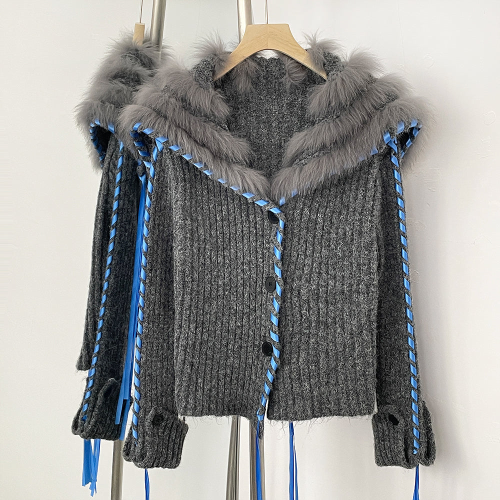 OFTBUY New Spring Autumn Top Cardigan Clothing Female Short Slim Real Fox Fur Knitted Sweater Women Real Fur Knittig Jacket Lady