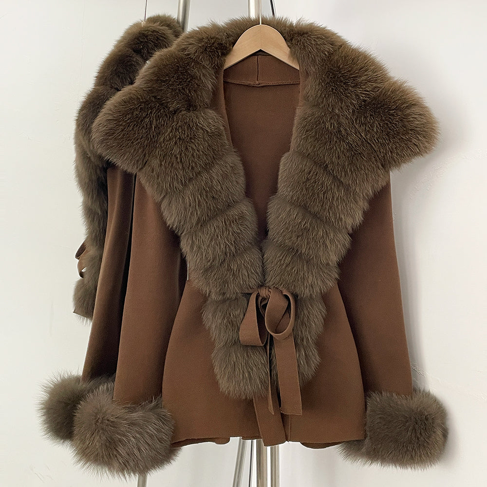OFTBUY cardigan women Sweater Female New Women's Knit Coat with Real Fox Fur collar Belt Luxury Warm Winter Fashion Outerwear