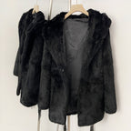 OFTBUY Women's Luxury Black Real Rabbit Fur Hooded Coat with Belt New Warm Winter Fur Jacket Female Outerwear for Cold Weather
