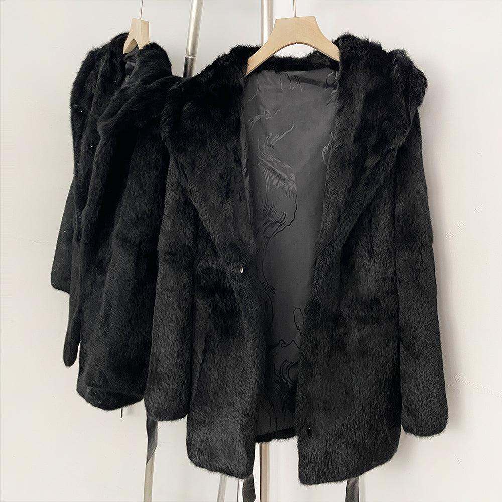 OFTBUY Women's Luxury Black Real Rabbit Fur Hooded Coat with Belt New Warm Winter Fur Jacket Female Outerwear for Cold Weather