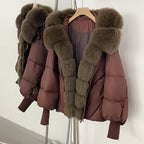 OFTBUY Luxury Cropped Down Puffer with Colossal Real Fur Collar - Premium 90% Duck Down Winter Statement Coat