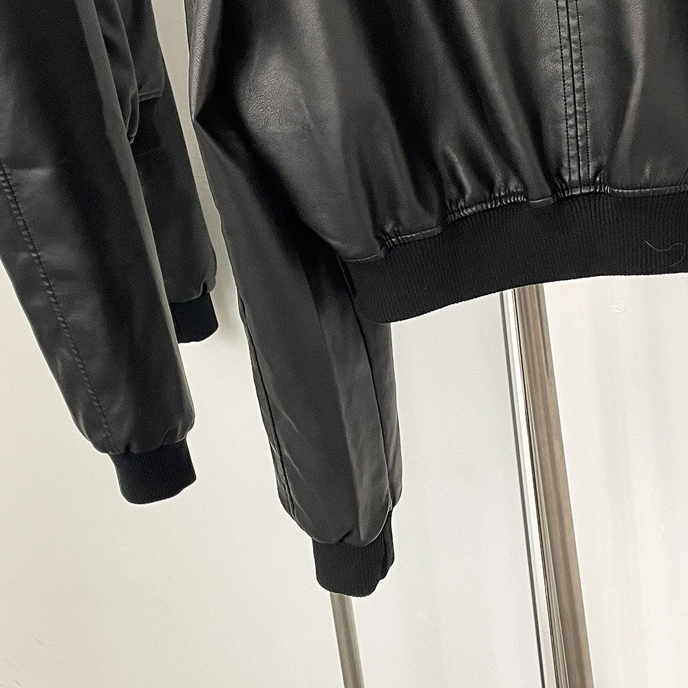 OFTBUY Women's Short Black Faux Leather Cropped Bomber Jacket Ribbed Trim PU Aviator Coat Female New Casual Vintage Outerwear