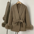 OFTBUY 100% Wool Wrap Belted Short Coat - Wide Shawl Lapel Real Fox Fur Cuff Luxury Double Sided Wool Jacket