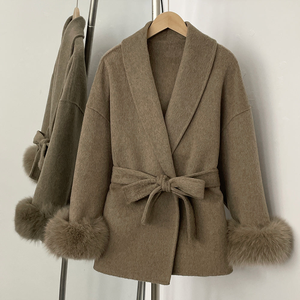 OFTBUY 100% Wool Wrap Belted Short Coat - Wide Shawl Lapel Real Fox Fur Cuff Luxury Double Sided Wool Jacket