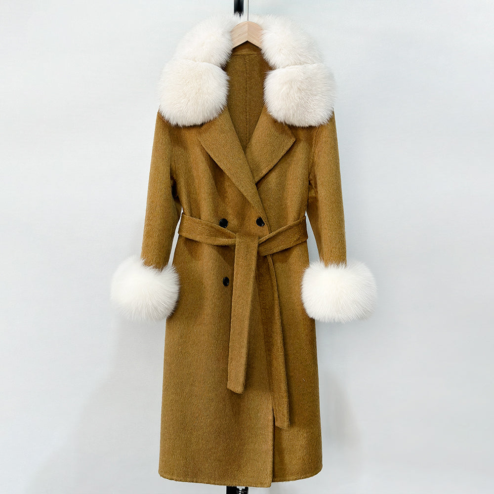 OFTBUY Fashion Warm Solid Long Wool Real Fur Jacket Female Natural Fox Fur Cuff Woolen Coat New Autumn Winter Black Clothes Lady