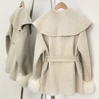 OFTBUY Pockets Elegant Warm Winter Fashion Outerwear Female New Women's Double-Faced Wool Coat Lapel Collar Belt Real Fox Fur