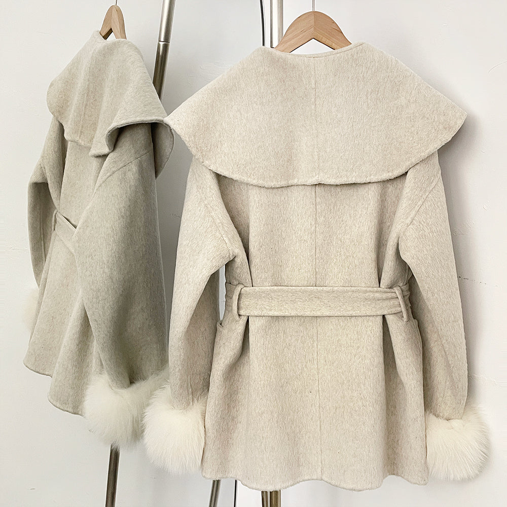 OFTBUY Pockets Elegant Warm Winter Fashion Outerwear Female New Women's Double-Faced Wool Coat Lapel Collar Belt Real Fox Fur