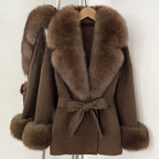 OFTBUY New Women's Double-Faced Wool Coat with Large Real Fox Fur Collar Cuffs Belted Warm Winter Elegant Fashion Outerwear Lady