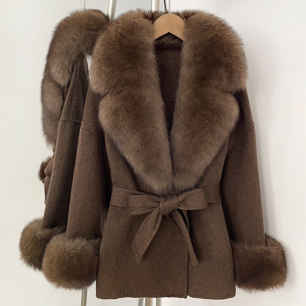OFTBUY New Women's Double-Faced Wool Coat with Large Real Fox Fur Collar Cuffs Belted Warm Winter Elegant Fashion Outerwear Lady