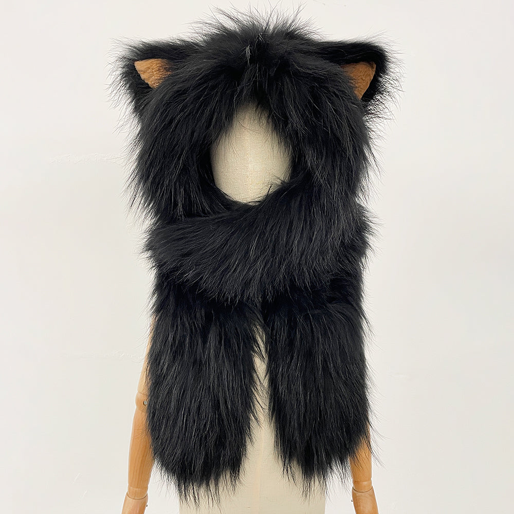 OFTBUY Thick Warm Cute Animal Natural Raccoon Fur Hat Scarf Women New Winter Windproof Cycling Caps Real Fur Muffler Female