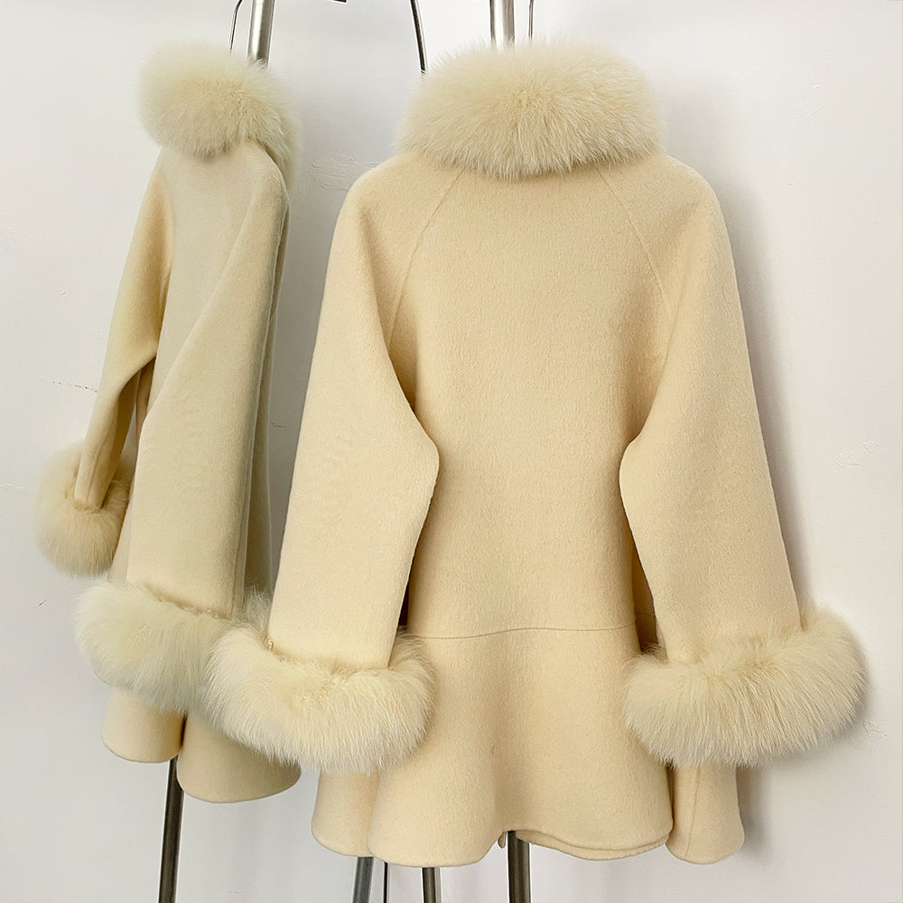 OFTBUY New Women's Wool Coat with Real Fox Fur Colla and Cuffs Luxury Pearl Button Ruffled Hem Winter Warm Outerwear Female