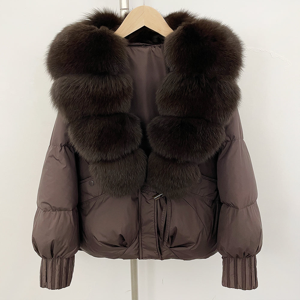 OFTBUY Luxury 90% Duck Down Puffer Jacket with Oversized Real Fox Fur Collar - Short Tiered Winter Coat