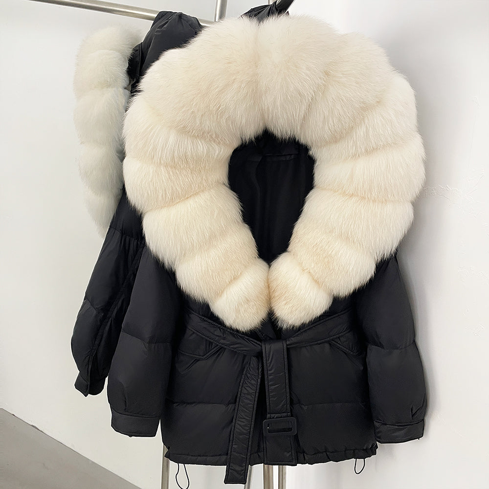 OFTBUY Thick Warm Mid-Long Puffer Coat Real Fox Fur Collar White Duck Down Coat Female Loose Warm Hooded Parkas With Belt