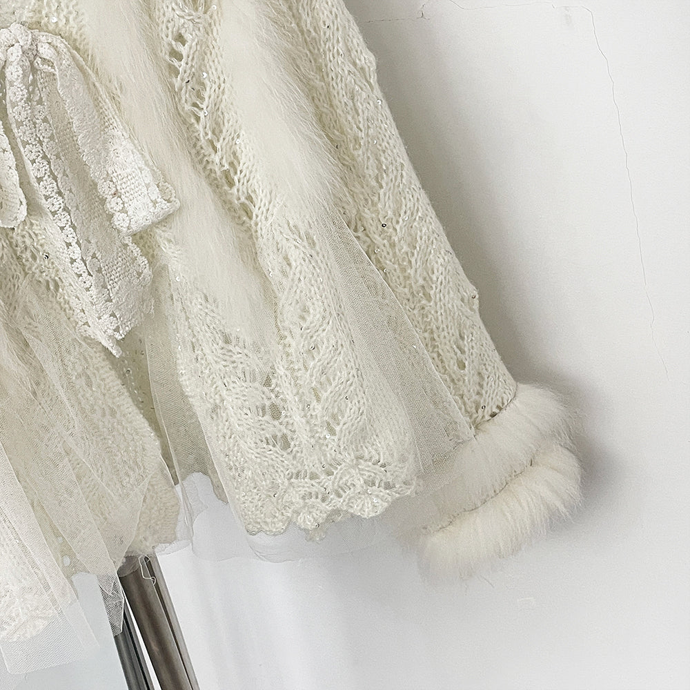 OFTBUY Sexy Hollow Loose V-neck Knitted Jacket Real Fox Fur Cardigan Sweater Female New Spring Autumn Lace Top Clothes Women