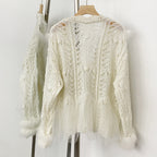 OFTBUY Sexy Hollow Loose V-neck Knitted Jacket Real Fox Fur Cardigan Sweater Female New Spring Autumn Lace Top Clothes Women