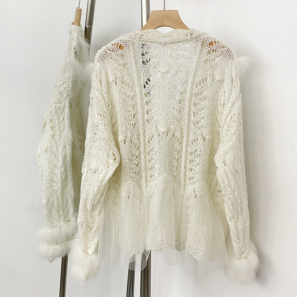 OFTBUY Sexy Hollow Loose V-neck Knitted Jacket Real Fox Fur Cardigan Sweater Female New Spring Autumn Lace Top Clothes Women