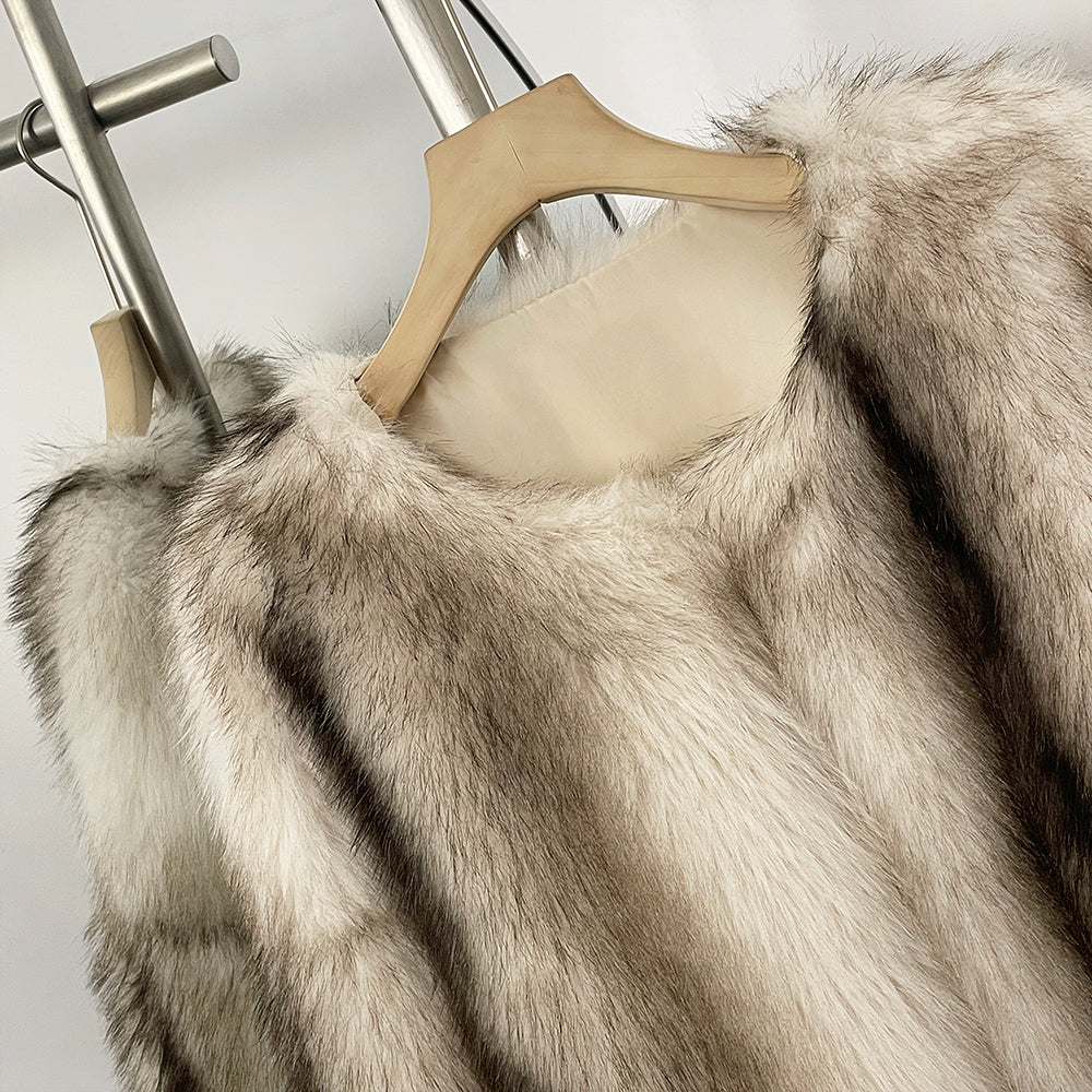 OFTBUY Luxury Collarless Faux Fur Jacket - Chic Short Fluffy Vegan Fur Coat for Women
