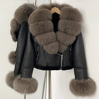 OFTBUY New Winter Real Fox Fur Collar and Cuffs Clothes Women Short Faux Leather Fake Fur Inner Jacket Female Thick Warm Coat