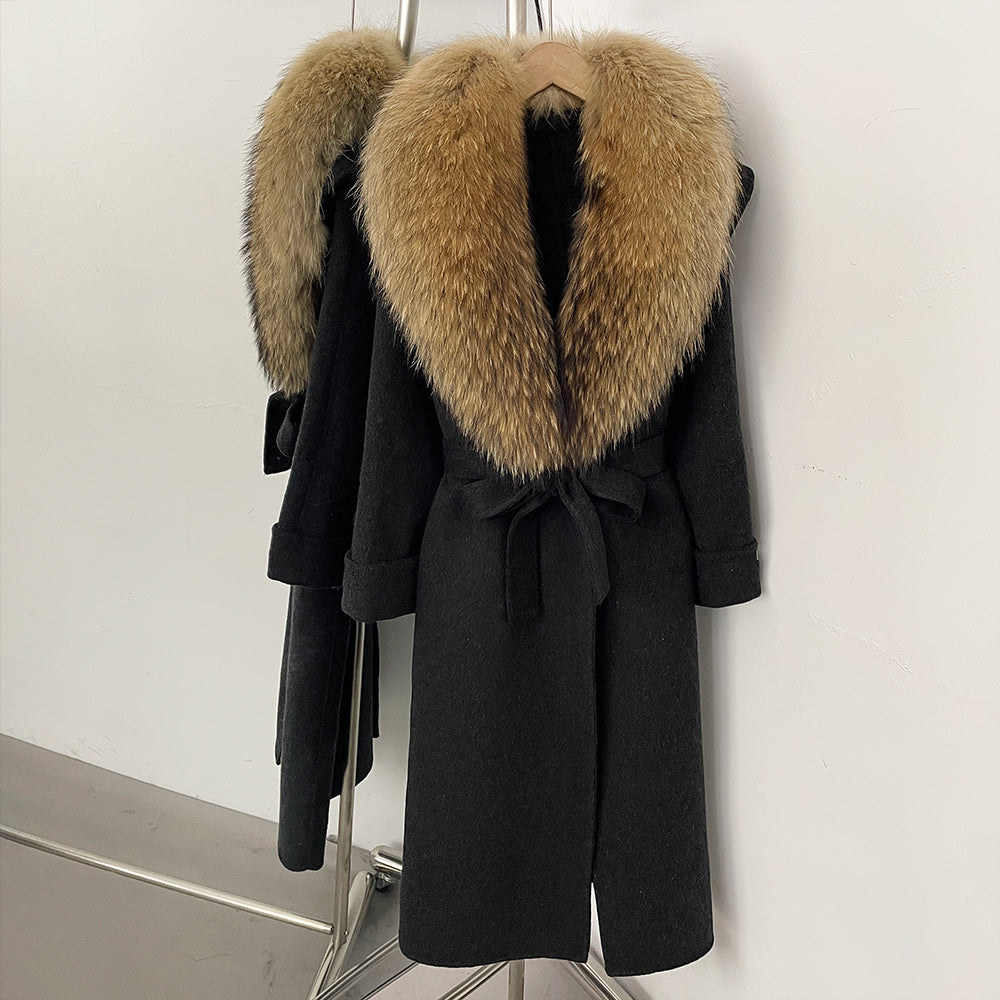 OFTBUY Belted Elegant Warm Outerwear Coat Female Women's Luxury Double-Faced Wool Jacket Winter Oversized Real Fox Fur Collar