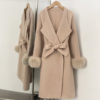 OFTBUY New Autumn Winter Belt Top Clothes Women Long Elegant Double-sided Woolen Coat Femlae Real Fox Fur Cuffs 100% Wool Coat