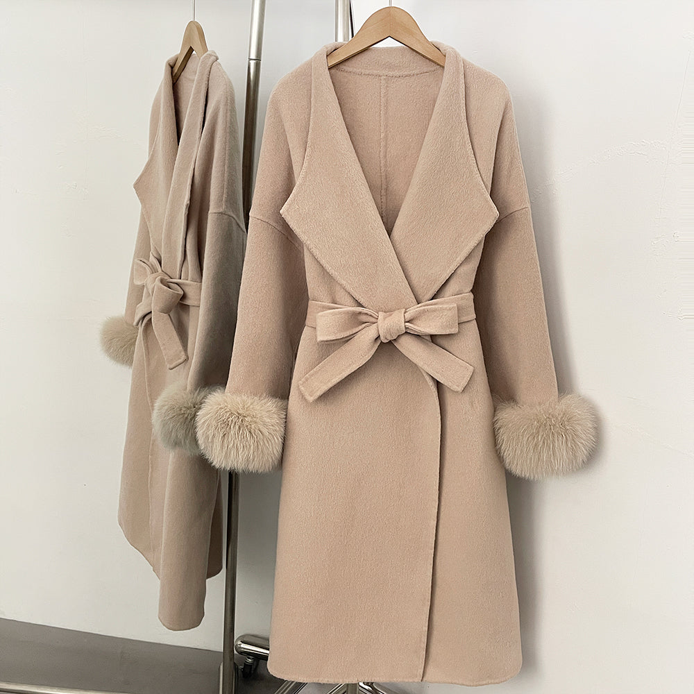 OFTBUY New Autumn Winter Belt Top Clothes Women Long Elegant Double-sided Woolen Coat Femlae Real Fox Fur Cuffs 100% Wool Coat