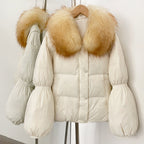 OFTBUY New Winter Loose Top Clothes Women Real Fox Fur Fluffy Puffer Jacket Female Lantern Sleeves Natural Fur Collar Down Coat