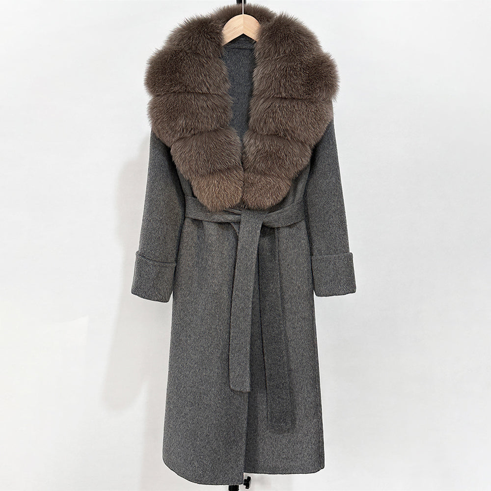 OFTBUY Long Belt 100% Wool Coat with Real Fox Fur Collar Warm Natural Fur Woolen Jacket Female New Autumn Winter Clothing Women