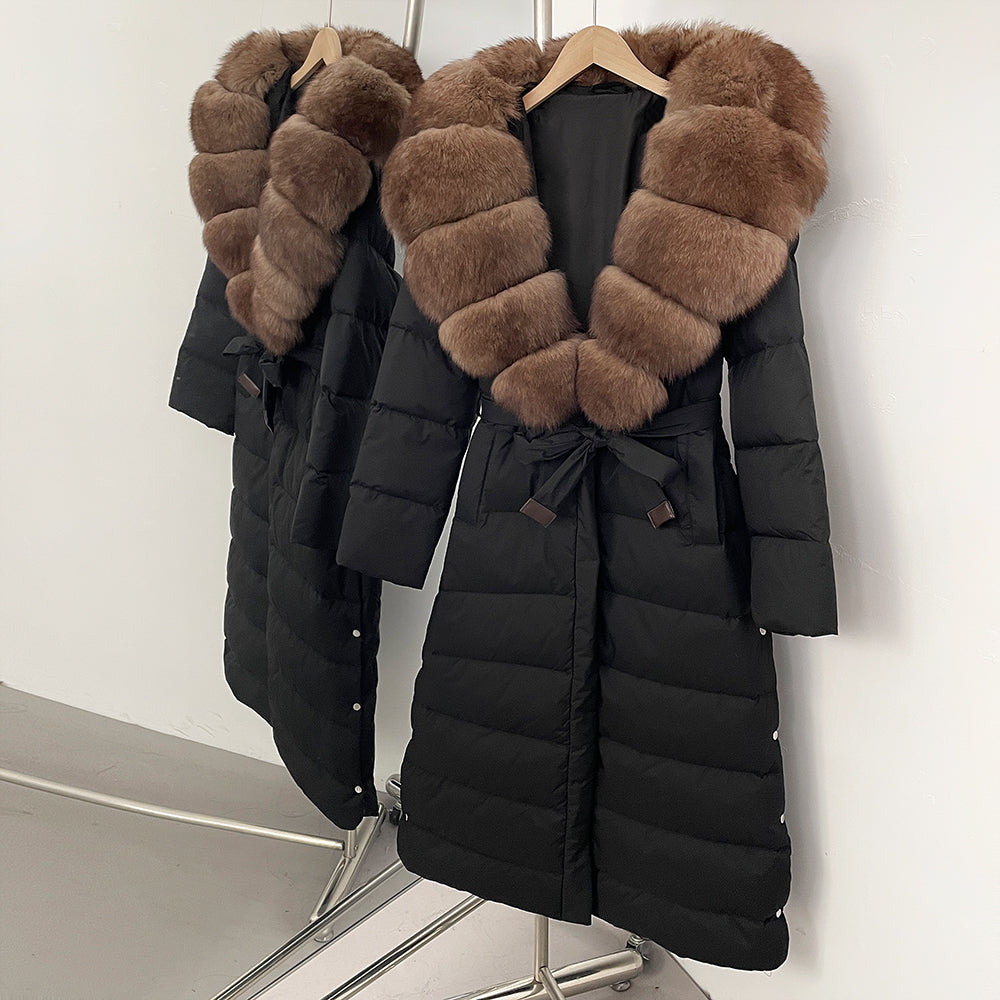 OFTBUY Hooded Winter White Duck Down Coat Large Real Fox Fur Collar X-Long Puffer Jacket Women Thick Female Parkas With Belt