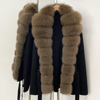 OFTBUY New Women's Knit Cardigan with Oversized Real Fox Fur Trim Self-Tie Belt Sweater Luxury Warm Winter Fashion Outerwear