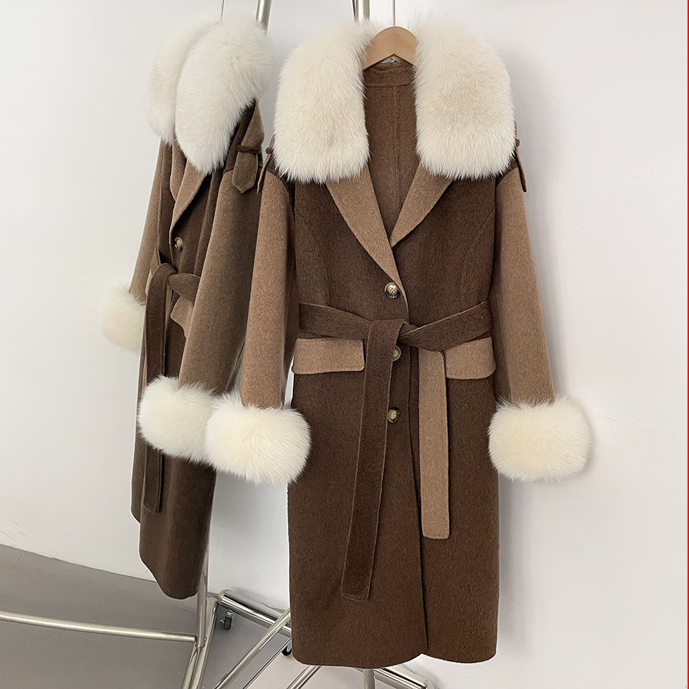 OFTBUY New Winter Real Fur Collar Clothes Women Patchwork Double-faced Woolen Cashmere Coat Real Fox Fur Cuff Wool Jacket Female