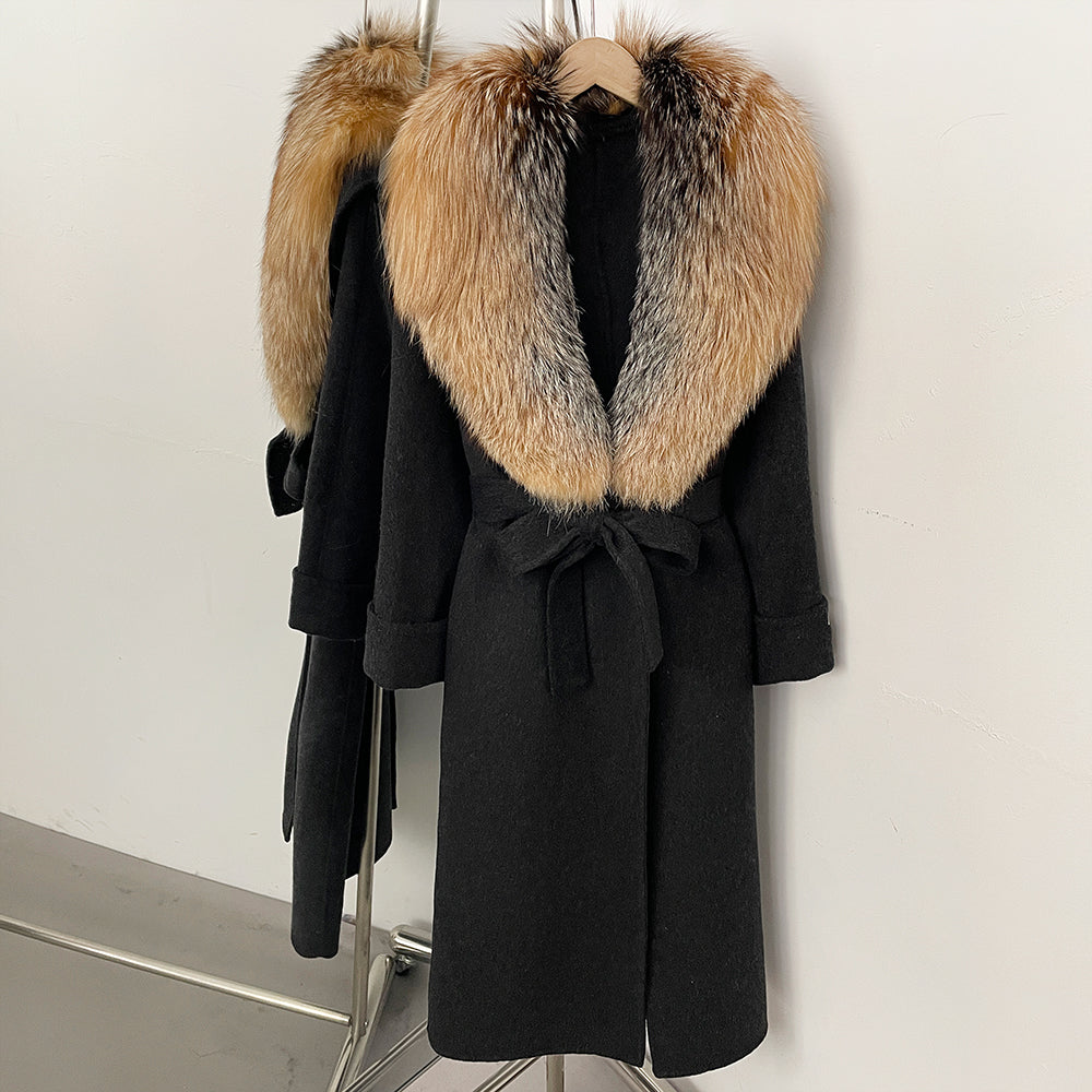 OFTBUY Belted Elegant Warm Outerwear Coat Female Women's Luxury Double-Faced Wool Jacket Winter Oversized Real Fox Fur Collar