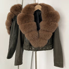 OFTBUY Natural Fox Fur Faux Leather Jacket Female New Autumn Short Top Clothing Women Long Sleeve Fake Leather Real Fur Coat