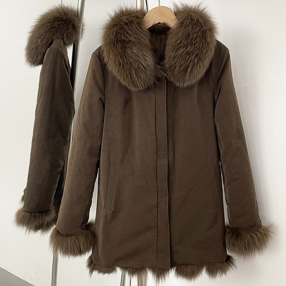 OFTBUY 2-in-1 Reversible Luxury Jacket - 100% Real Fox Fur Coat & Windproof Winter Parka