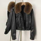 OFTBUY New Spring Autumn Short Top Clothes Women Fashion Pu Leather Jacket with Faux Fur Collar Biker Fake Leather Coat Female