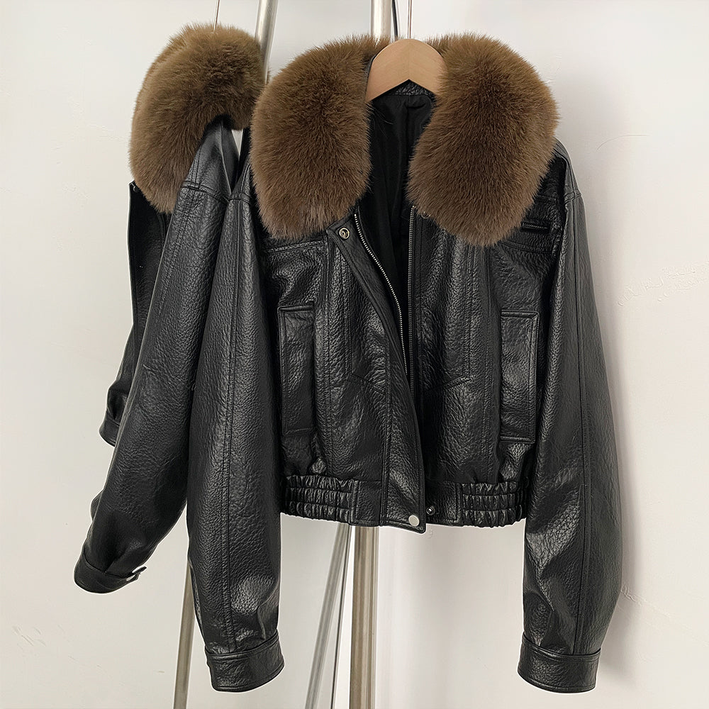 OFTBUY New Spring Autumn Short Top Clothes Women Fashion Pu Leather Jacket with Faux Fur Collar Biker Fake Leather Coat Female