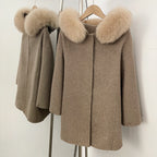 OFTBUY New Women's Wool Coat with Large Real Fox Fur Hooded Trim Long Sleeve Warm Winter Elegant Fashion Outerwear Woolen Cape