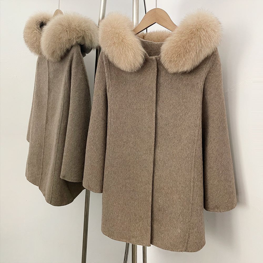 OFTBUY New Women's Wool Coat with Large Real Fox Fur Hooded Trim Long Sleeve Warm Winter Elegant Fashion Outerwear Woolen Cape
